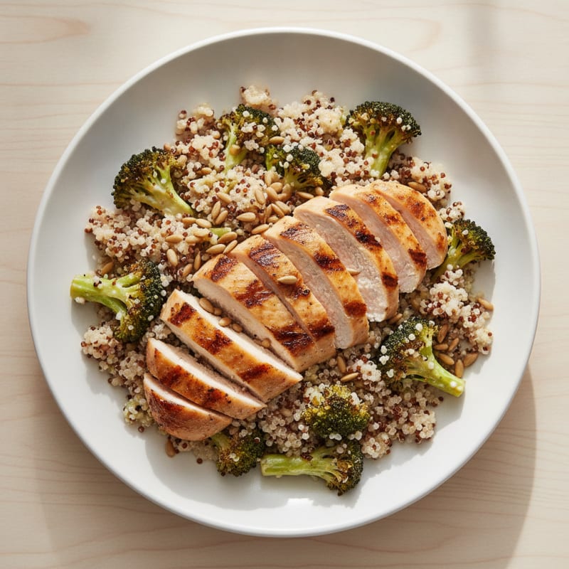 Grilled Chicken Breast Salad with Quinoa and Roasted Broccoli