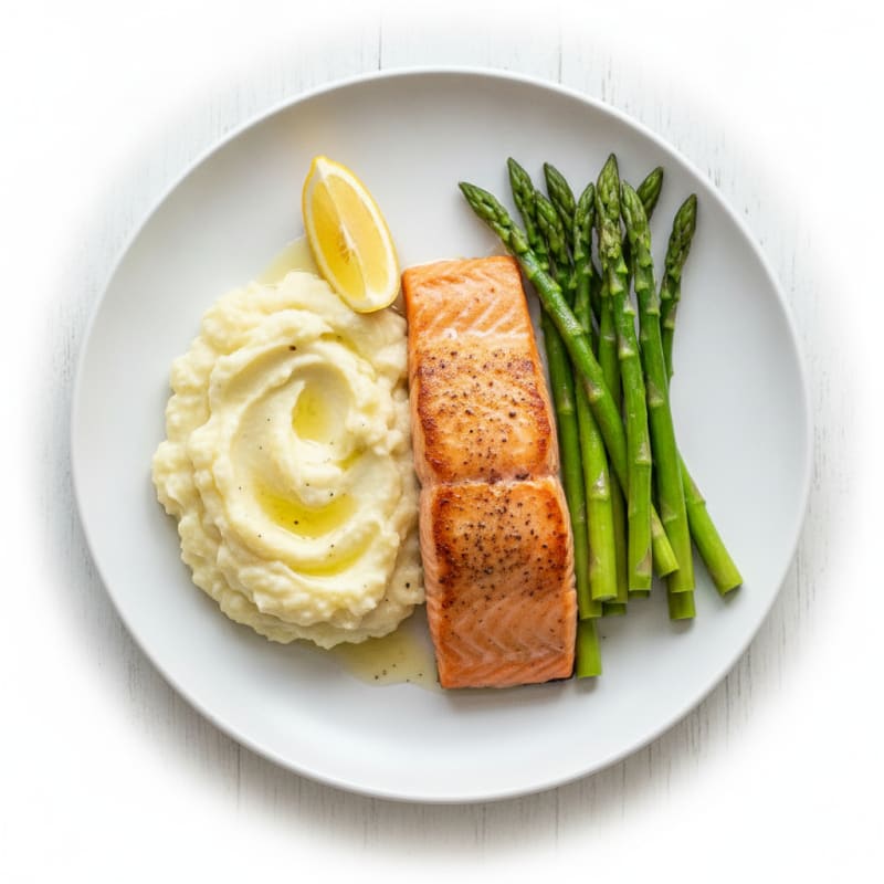 Seared Salmon with Steamed Asparagus and Garlic Mashed Cauliflower