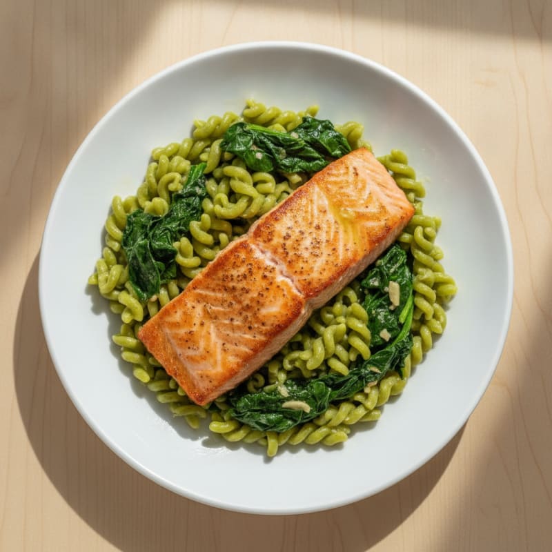 Seared Salmon Fillet with Edamame Pasta and Sautéed Spinach