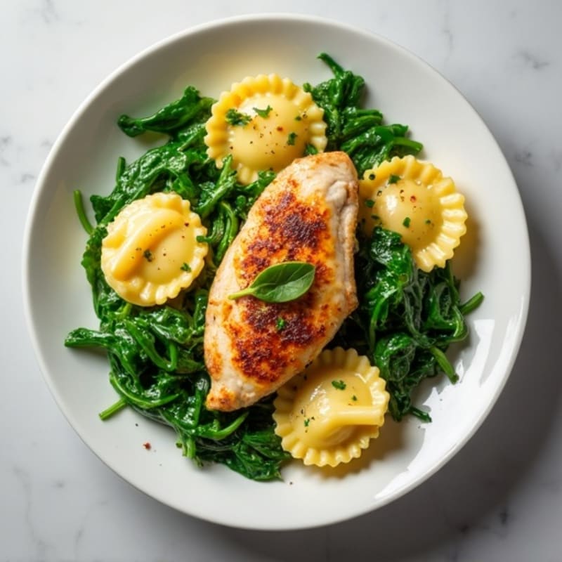 Spinach Ravioli with Pan-Seared Chicken and Garlicky Greens