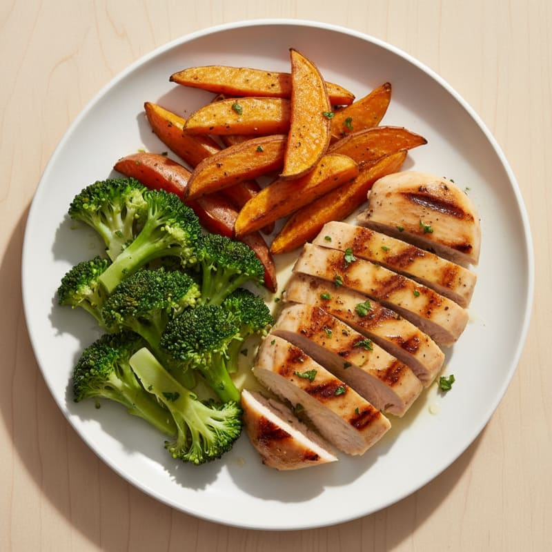 Grilled Chicken Breast with Roasted Sweet Potato and Steamed Broccoli