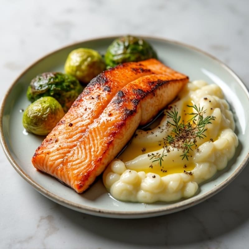 Seared Salmon with Roasted Brussels Sprouts and Cauliflower Mash