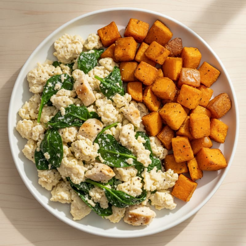 Chicken and Spinach Egg White Scramble with Roasted Sweet Potatoes