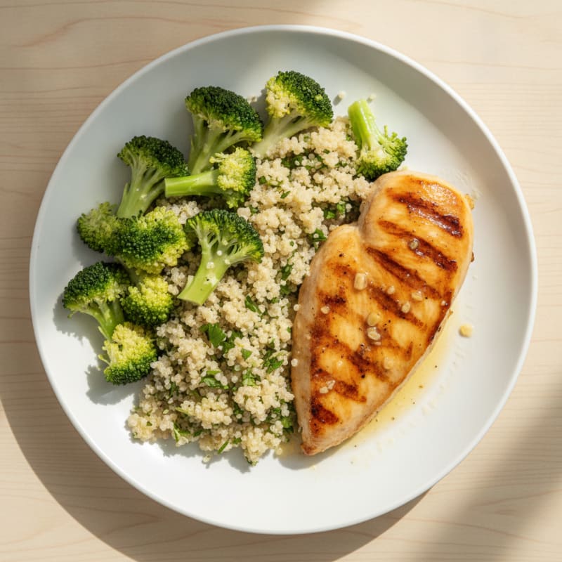 Grilled Chicken Breast with Steamed Broccoli and Quinoa
