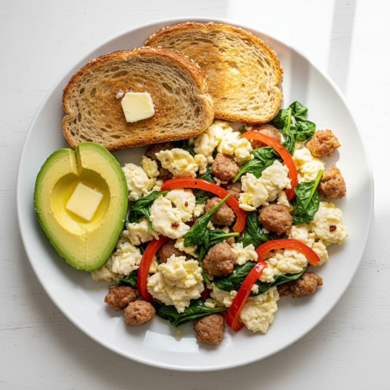 Egg White and Turkey Sausage Scramble with Spinach and Bell Peppers