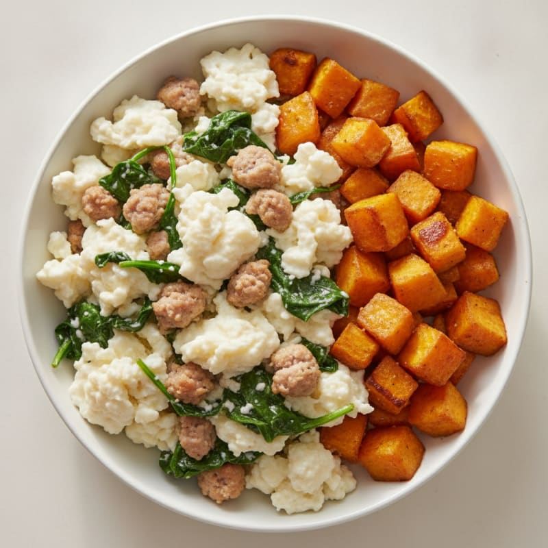 Egg White and Turkey Sausage Scramble with Spinach and Roasted Sweet Potato