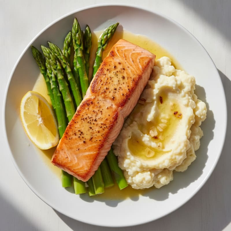Seared Salmon with Steamed Asparagus and Garlic Mashed Cauliflower