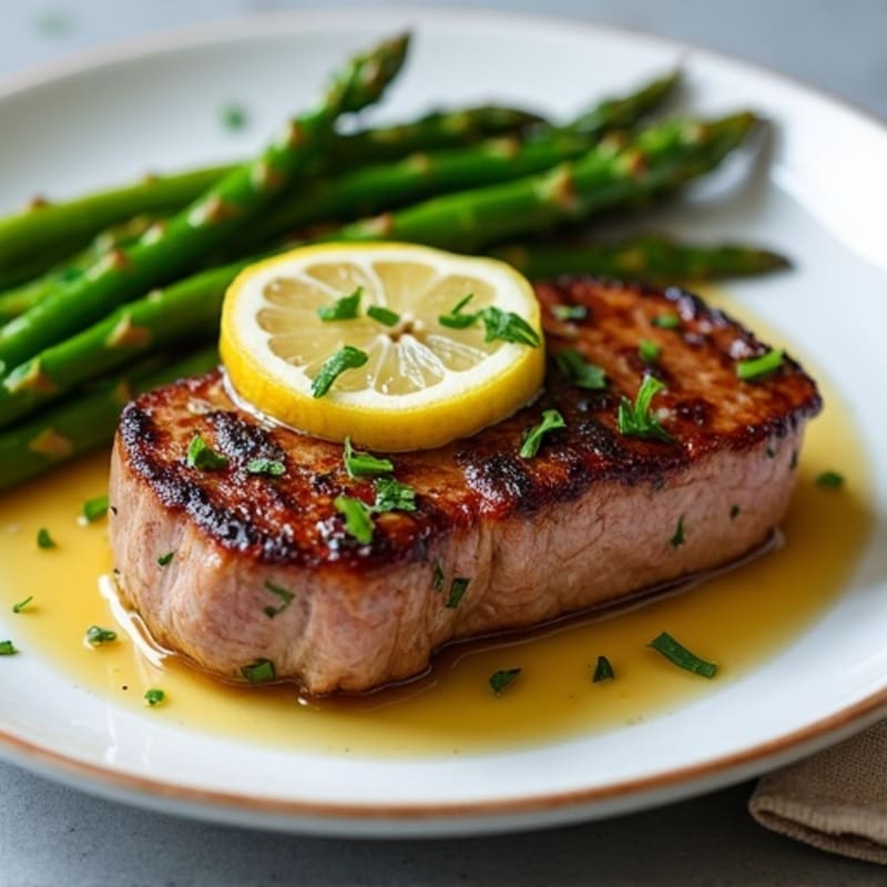 Lemon Garlic Pan-Seared Steak with Roasted Asparagus and Green Beans