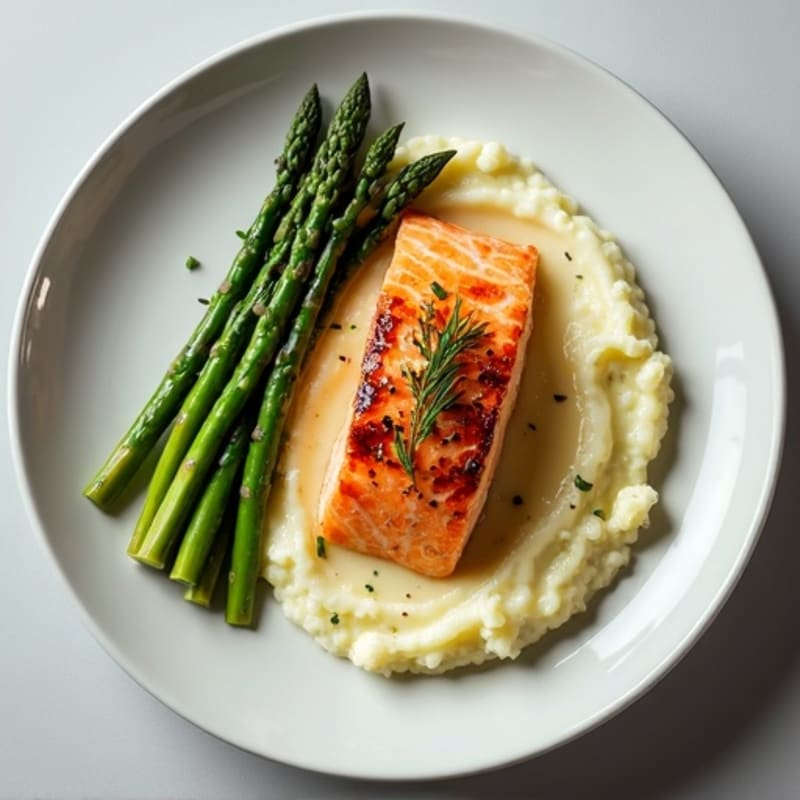 Seared Salmon with Steamed Asparagus and Cauliflower Mash