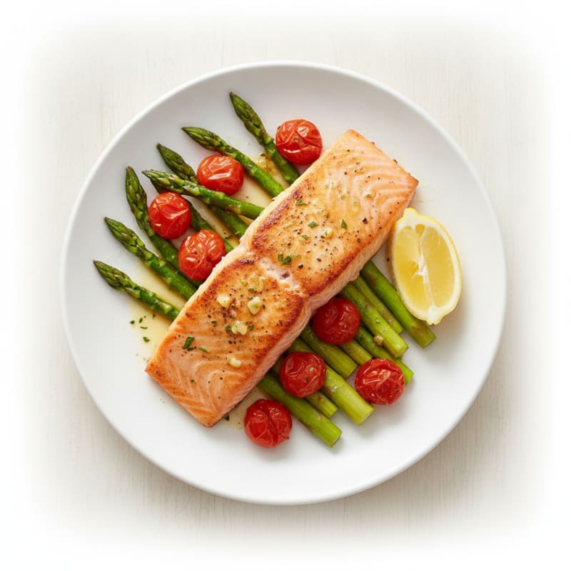 Seared Salmon with Roasted Asparagus and Cherry Tomatoes