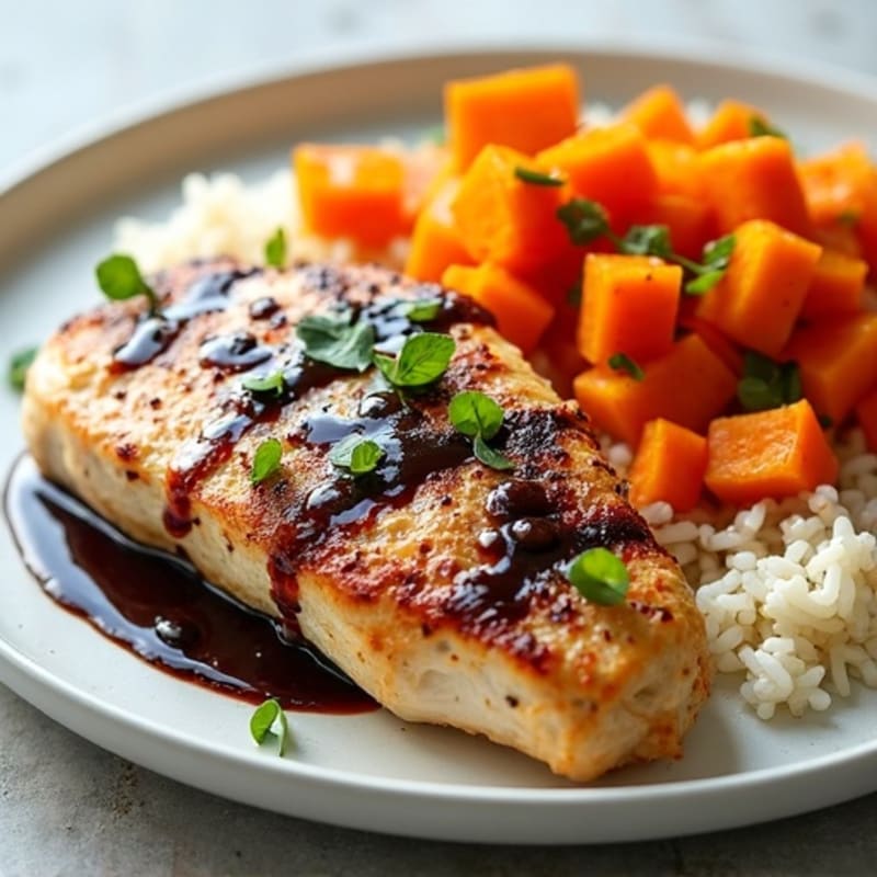Grilled Chicken Breast with Balsamic Rice and Roasted Sweet Potatoes