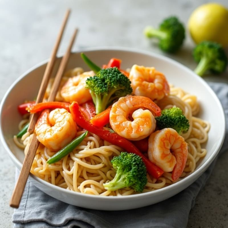 Healthy Shrimp and Rice Noodle Stir-Fry with Peanut Sauce