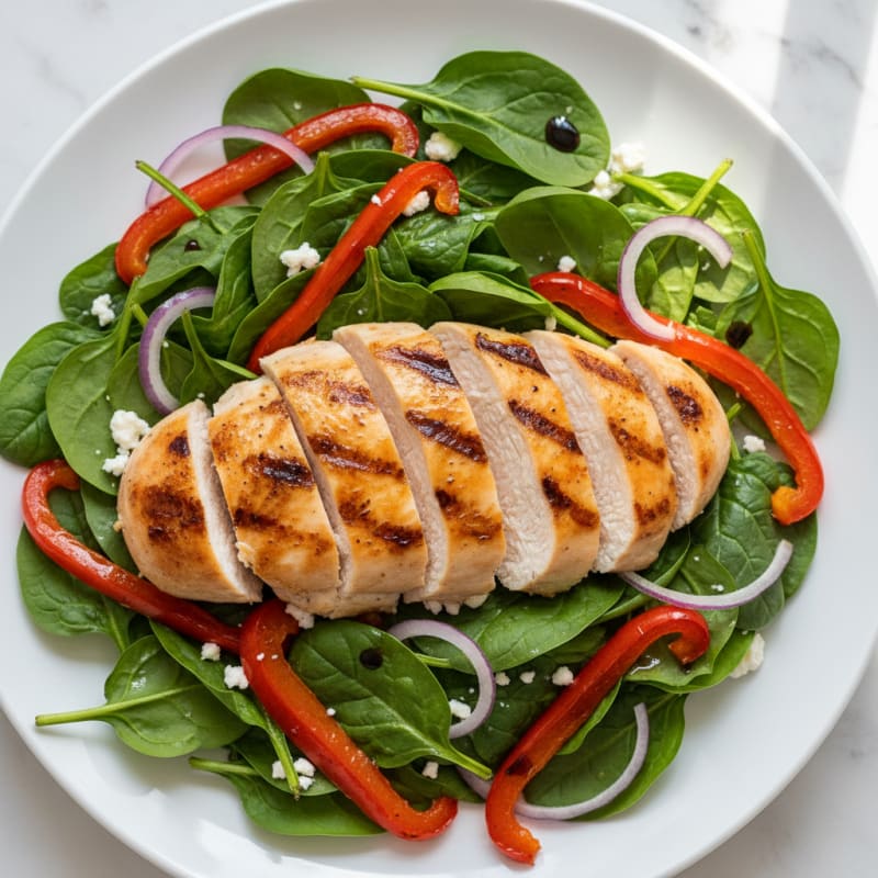 Grilled Chicken Breast with Spinach and Roasted Red Pepper Salad