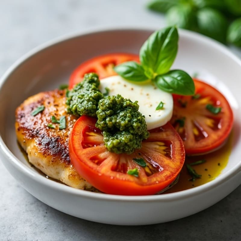 Pan-Seared Chicken with Fresh Tomato, Creamy Mozzarella, and Basil Pesto