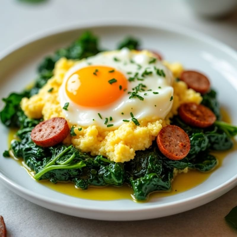 Cottage Cheese Egg Scramble with Sautéed Spinach and Turkey Sausage
