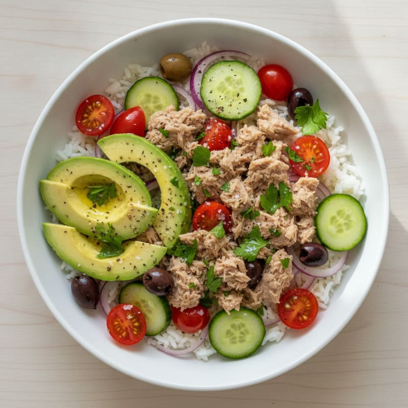 Mediterranean Tuna and Avocado Rice Bowl