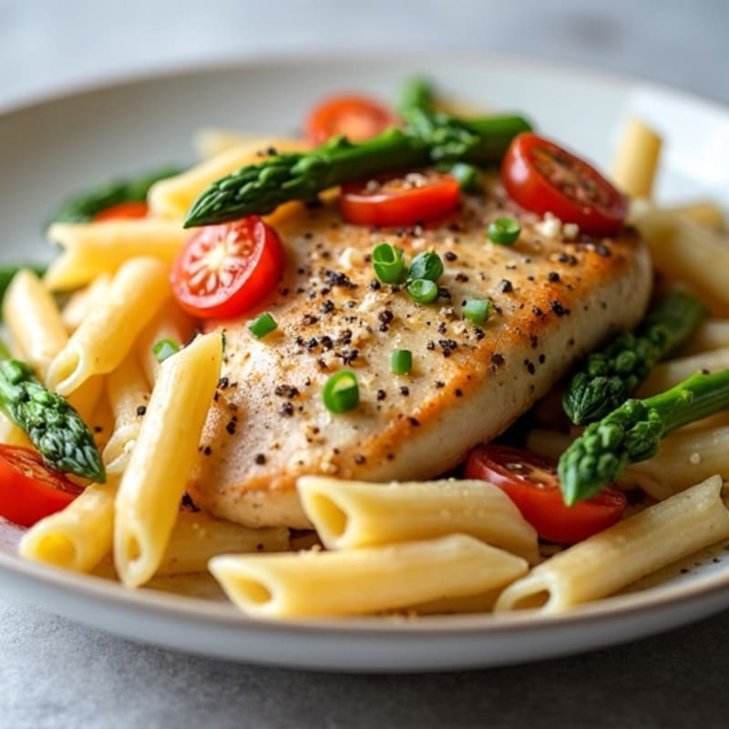 Creamy Chicken Penne with Roasted Asparagus and Cherry Tomatoes