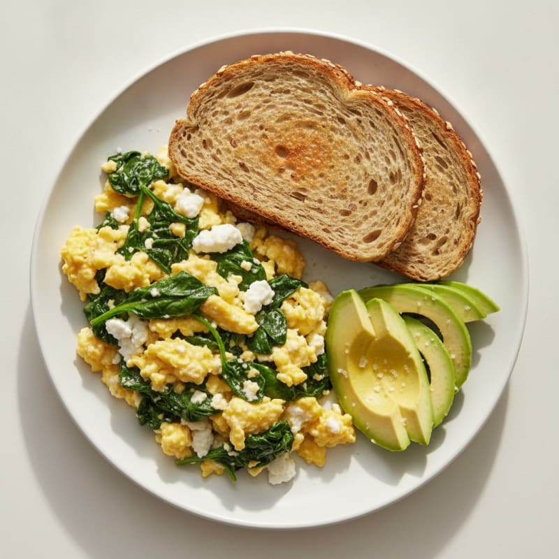 Scrambled Eggs with Cottage Cheese and Sautéed Spinach