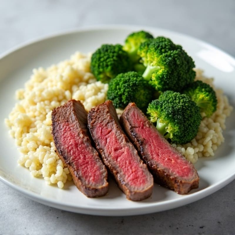 Seared Lean Beef Strips with Steamed Broccoli and Cauliflower Rice