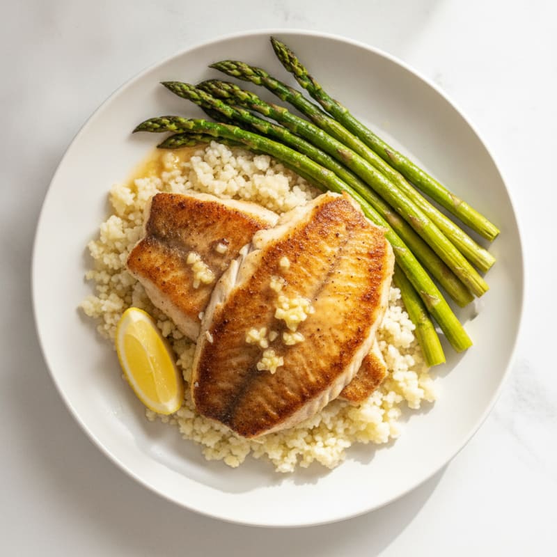 Seared Tilapia with Roasted Asparagus and Cauliflower Rice