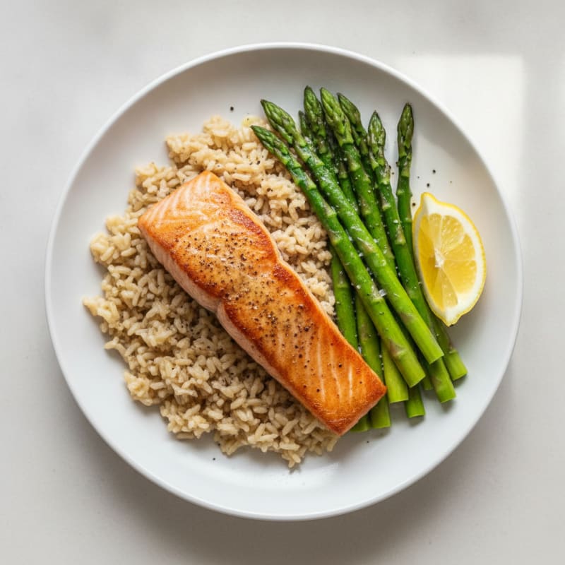 Seared Salmon with Steamed Asparagus and Brown Rice