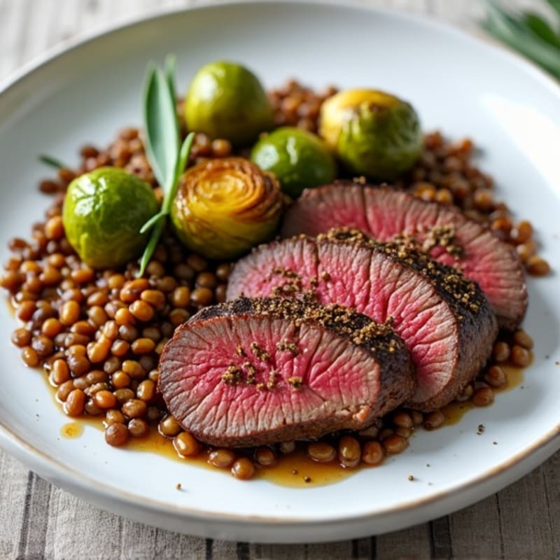 Seared Lean Beef with Roasted Brussels Sprouts and Lentils