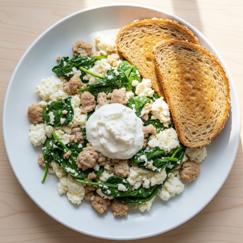 Egg White and Turkey Sausage Scramble with Spinach and Cottage Cheese