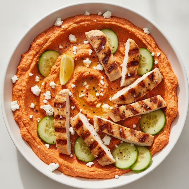 Roasted Red Pepper and Feta Dip with Grilled Chicken