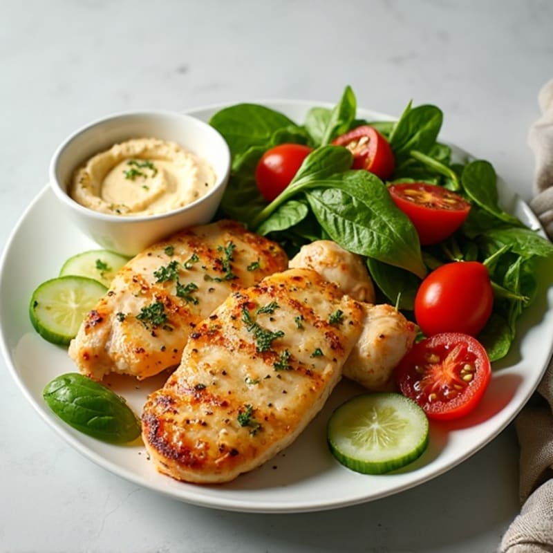 Lemon-Herb Roasted Chicken with Fresh Vegetable Salad and Creamy Hummus