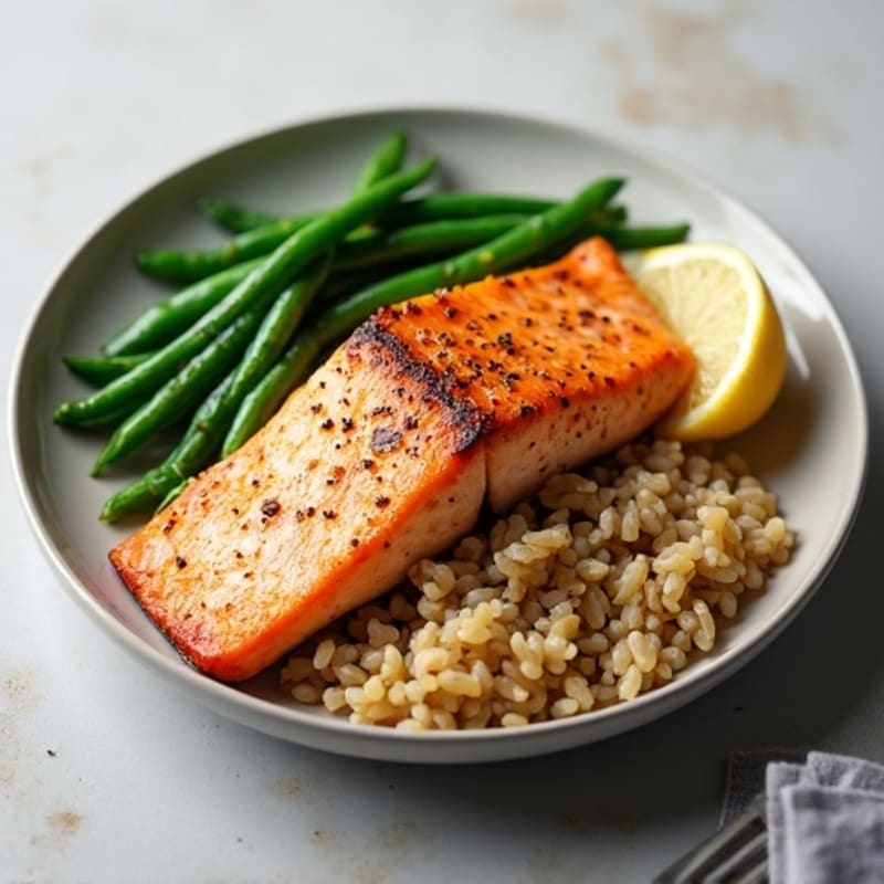 Seared Salmon Fillet with Garlic Green Beans and Brown Rice