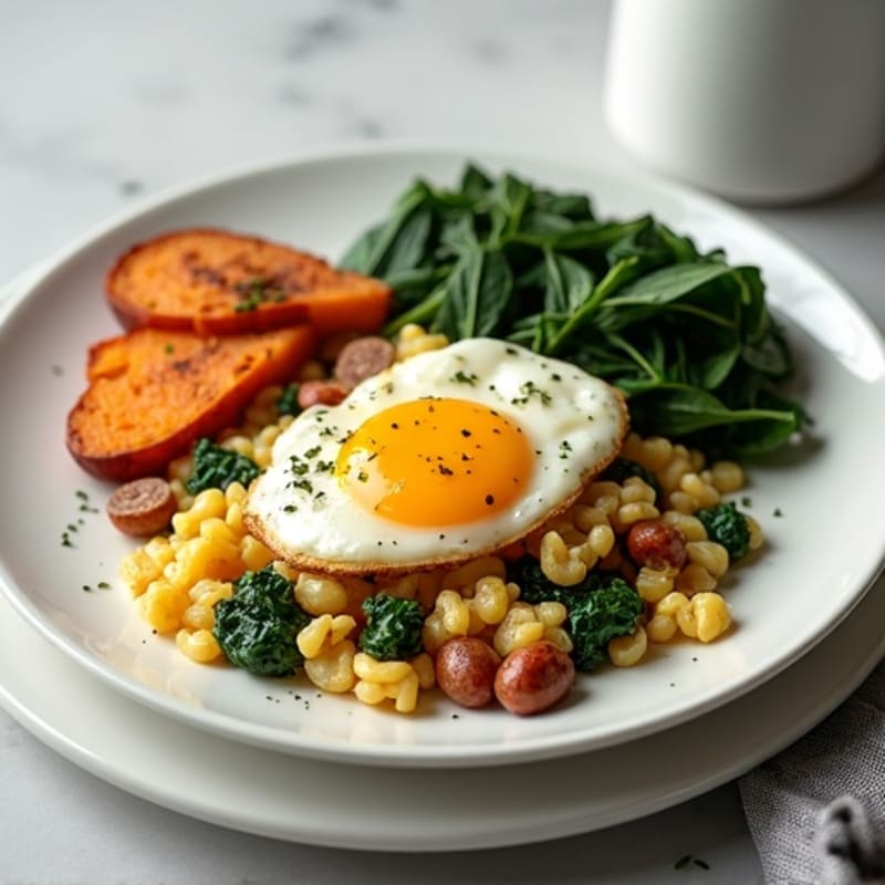 Egg White and Turkey Sausage Scramble with Spinach and Sweet Potato