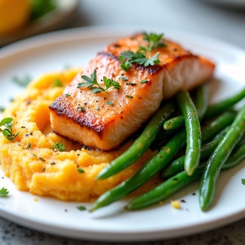 Seared Salmon Fillet with Garlic Green Beans and Mashed Sweet Potato