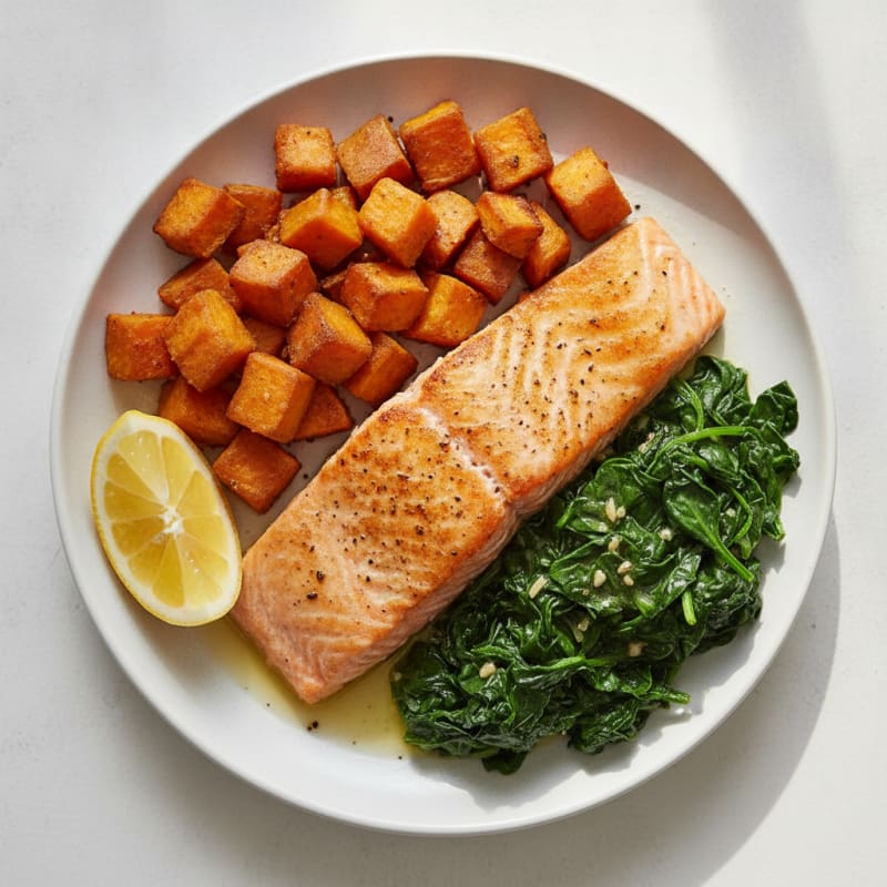 Seared Salmon Fillet with Roasted Sweet Potato and Wilted Spinach