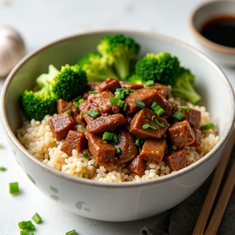 Garlic Ginger Beef and Crispy Broccoli Rice Bowl
