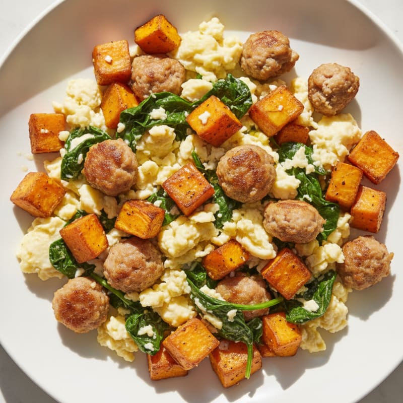 Egg White and Chicken Sausage Scramble with Roasted Sweet Potatoes