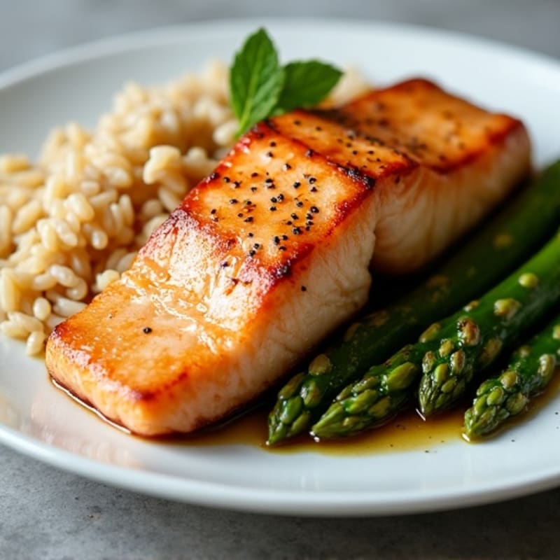 Seared Salmon with Steamed Asparagus and Brown Rice