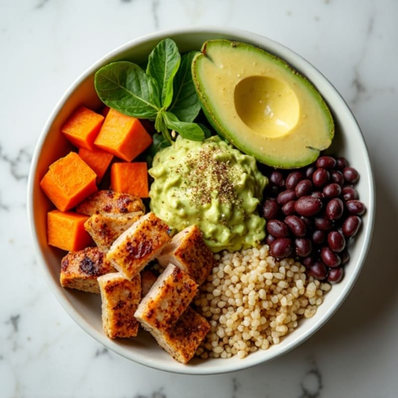 Roasted Sweet Potato and Black Bean Bowl with Creamy Avocado Dressing