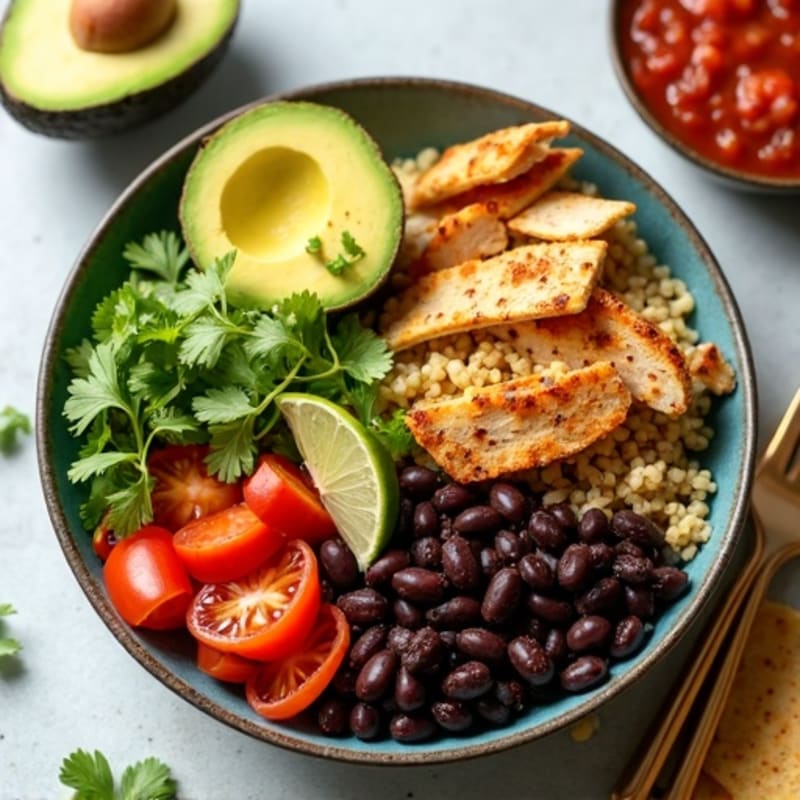 Spicy Black Bean and Quinoa Power Bowl with Fresh Avocado and Crispy Tortilla Strips
