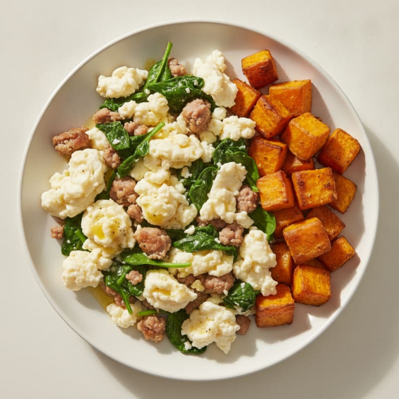 Egg White and Turkey Sausage Scramble with Spinach and Roasted Sweet Potato