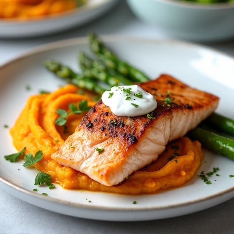 Seared Salmon with Roasted Asparagus and Sweet Potato Mash