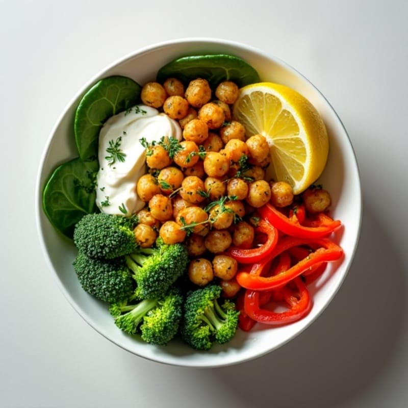 Crispy Roasted Chickpea and Vegetable Bowl with Lemon Herb Dressing