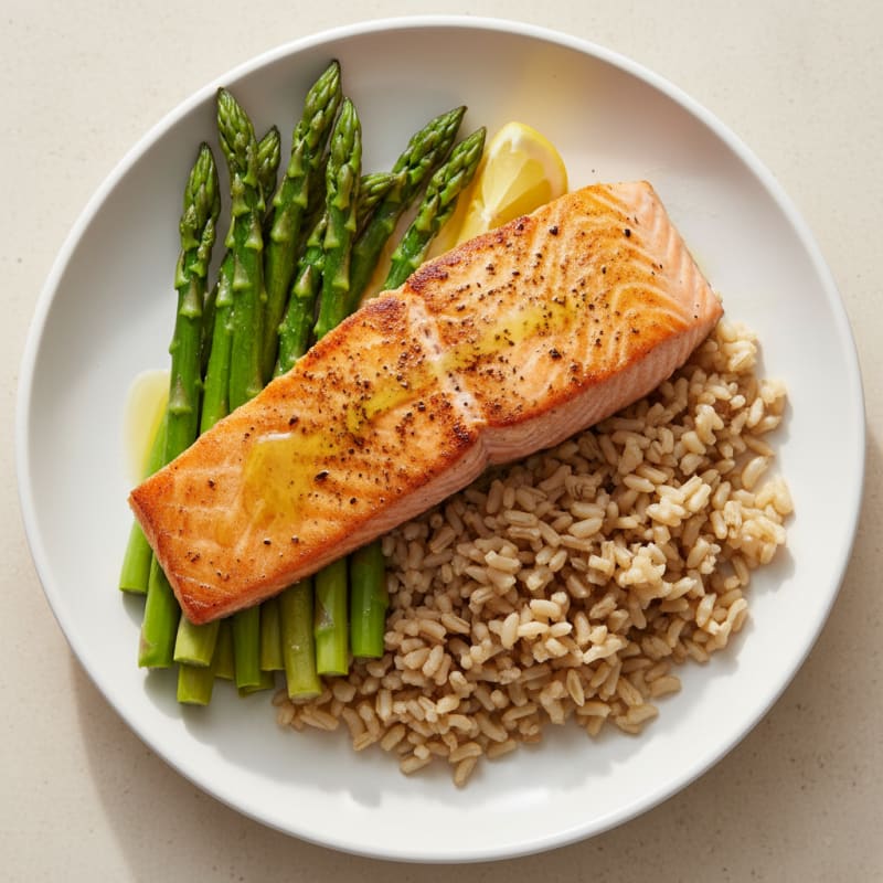 Seared Salmon with Steamed Asparagus and Brown Rice