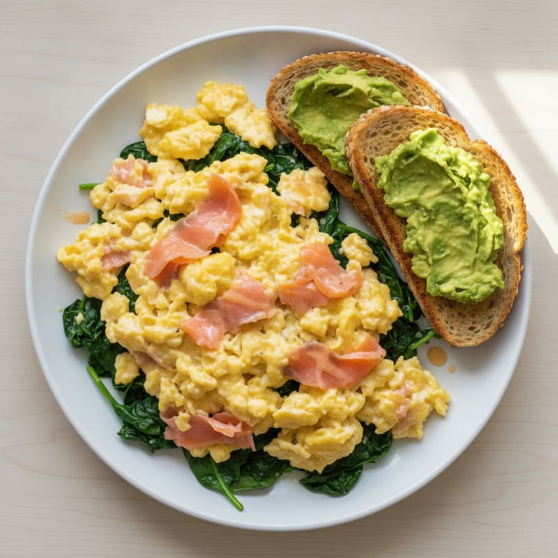 Creamy Scrambled Eggs with Smoked Salmon and Sautéed Spinach