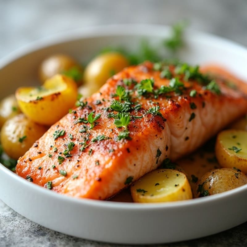 Herb-Crusted Baked Salmon with Garlic Roasted Potatoes