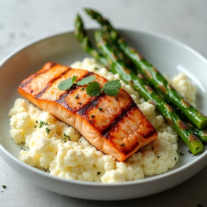 Grilled Salmon Fillet with Roasted Asparagus and Cauliflower Mash