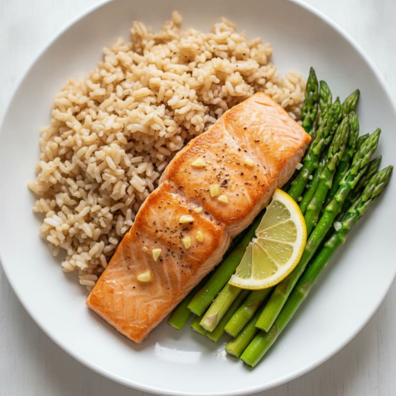 Seared Salmon with Steamed Asparagus and Brown Rice