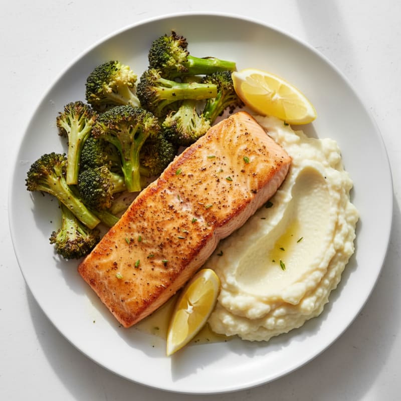 Seared Salmon with Roasted Broccoli and Garlic Mash