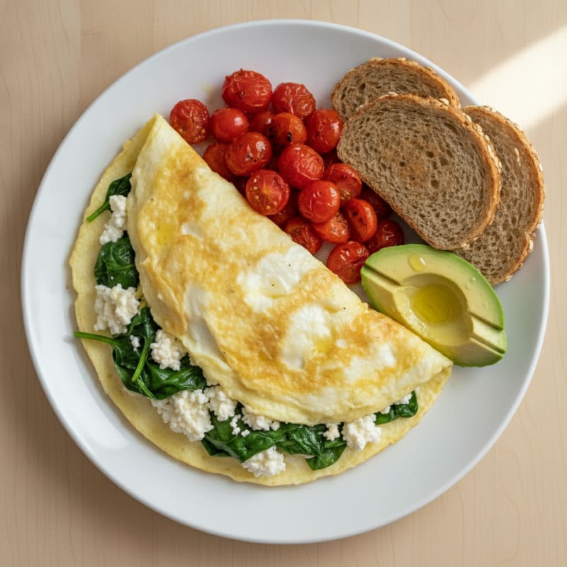 Egg White Spinach Omelet with Cottage Cheese and Cherry Tomatoes