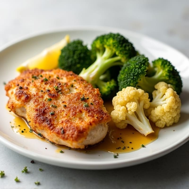 Crispy Lemon-Garlic Chicken Thighs with Roasted Broccoli and Cauliflower