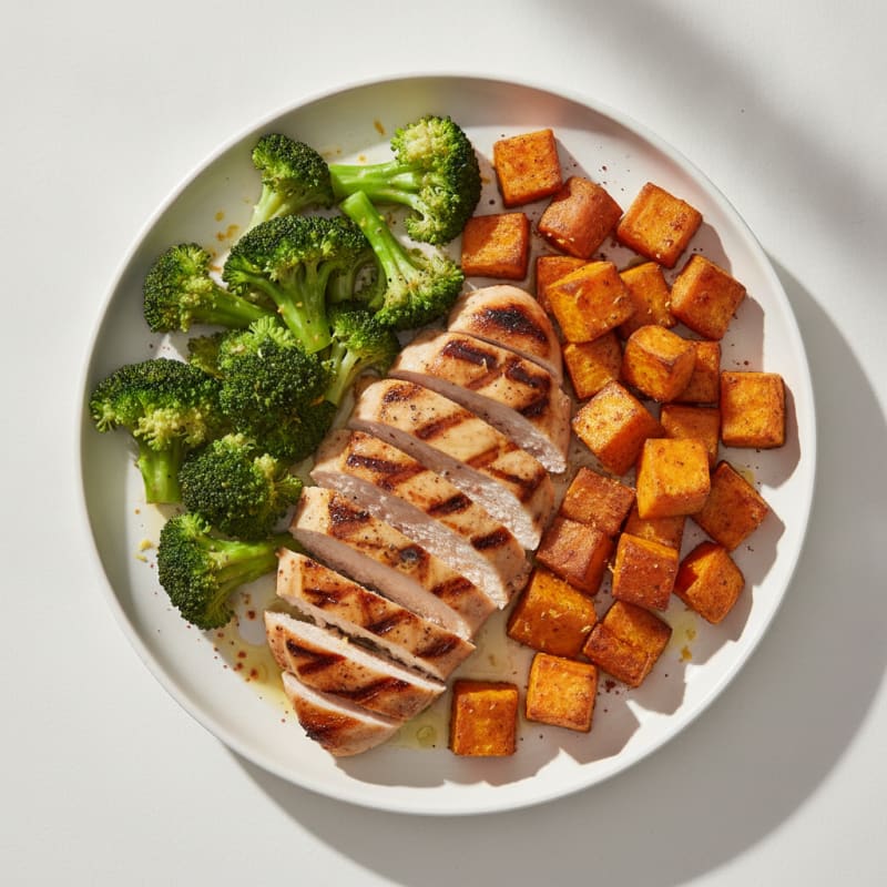 Grilled Chicken Breast with Roasted Sweet Potato and Steamed Broccoli